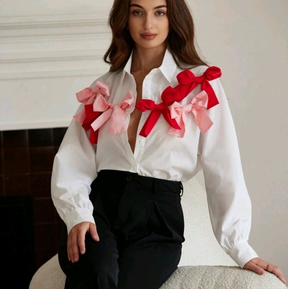 Tops - French Style Sweet Romantic Two-Tone 3D Bow Decor Girls Long Sleeve Blouse